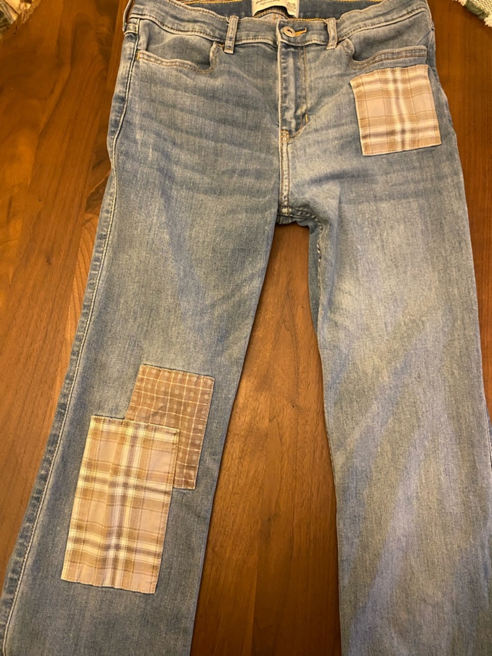 Abercrombie Kids Light Blue Jeans with Tan Plaid Patches, High-Rise Flare